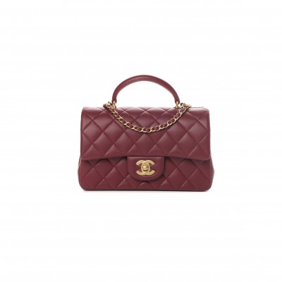 CHANEL LAMBSKIN METAL QUILTED MINI TOP HANDLE RECTANGULAR FLAP BURGUNDY 791222 (20*13*6cm)